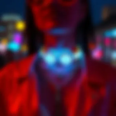 A close-up of glow in the dark accessories paired with a stylish outfit, highlighting unique designs