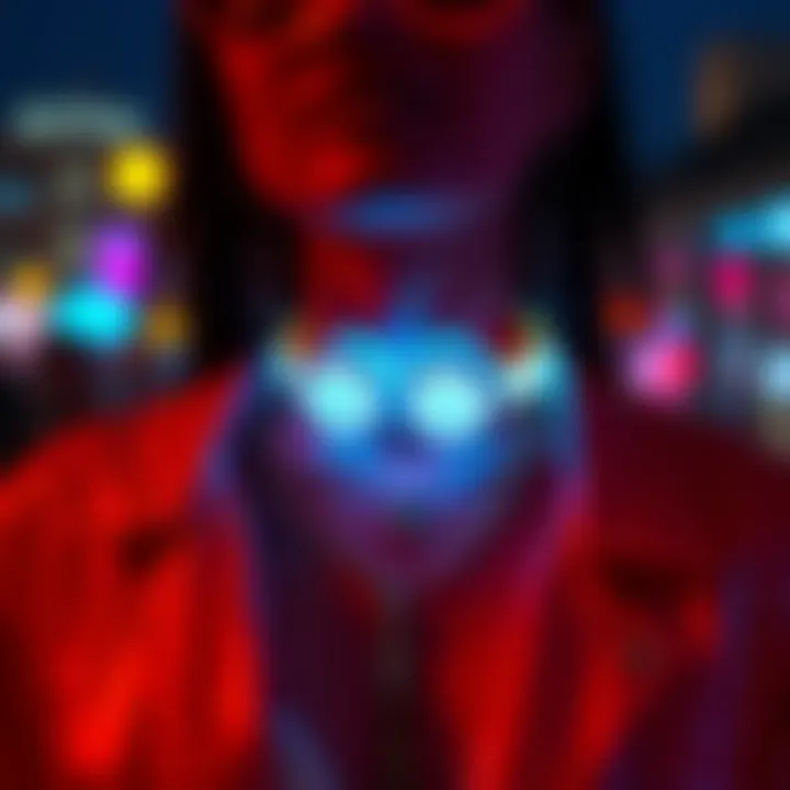 A close-up of glow in the dark accessories paired with a stylish outfit, highlighting unique designs