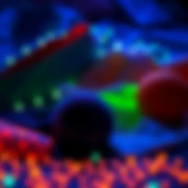 A collection of materials used in glow in the dark clothing, illustrating their diverse textures and properties