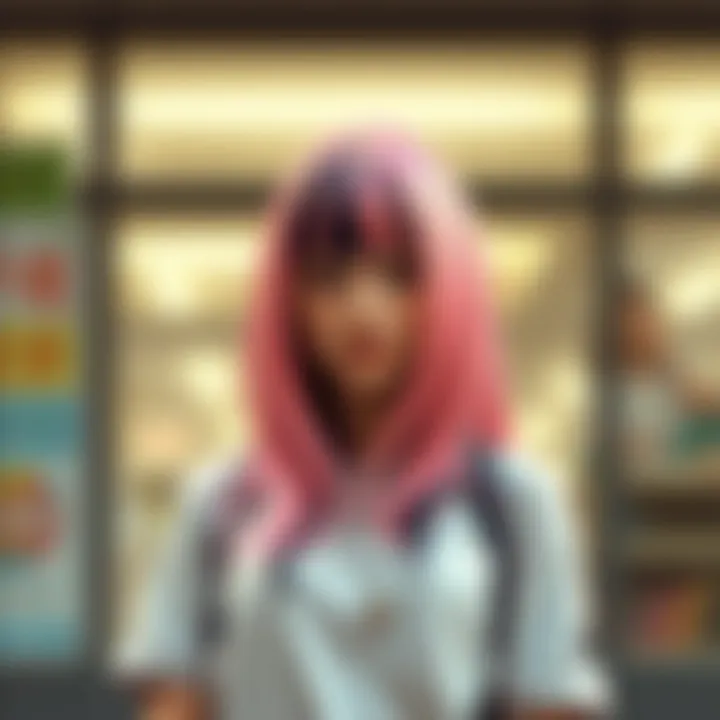 Stylish half pink half black wig styled for a casual look.