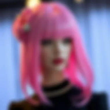 Elegant half pink half black wig worn for a formal event.