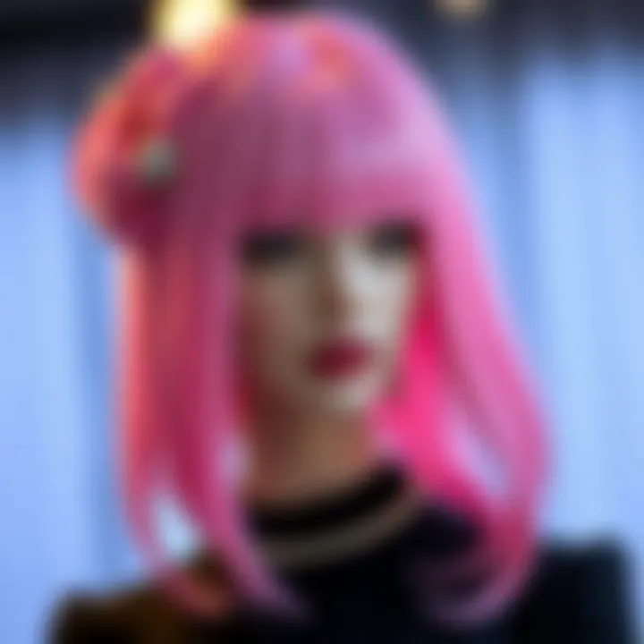 Elegant half pink half black wig worn for a formal event.