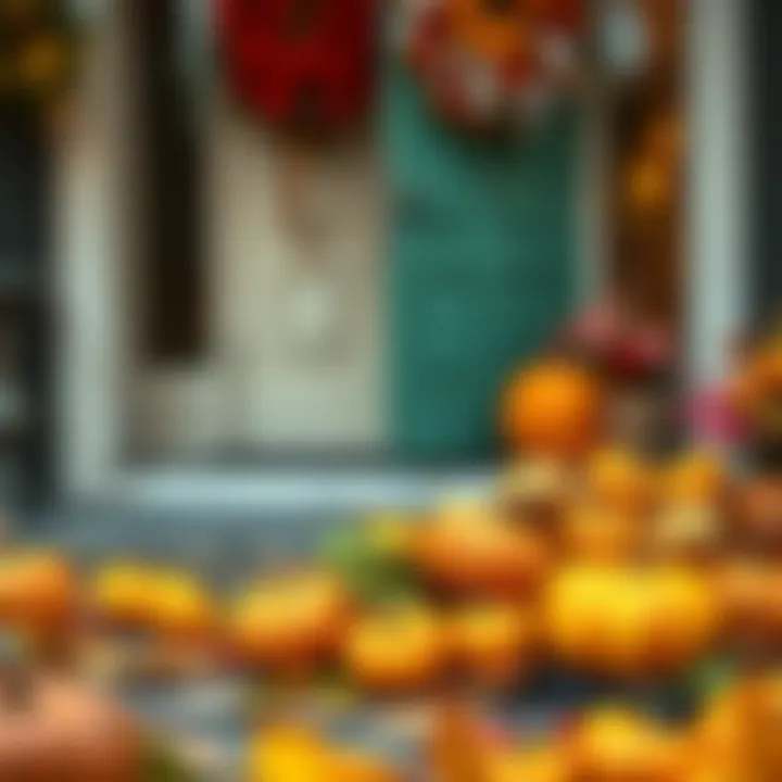 A colorful Halloween door mat with pumpkins and autumn leaves