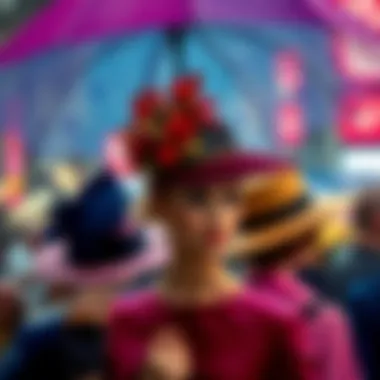 Various styles of hats with umbrellas showcased