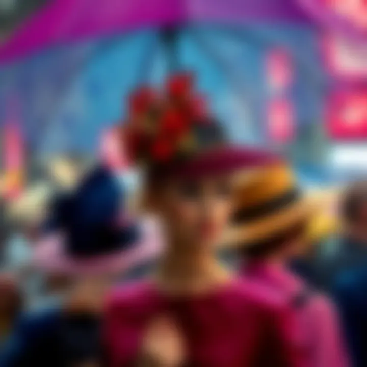 Various styles of hats with umbrellas showcased
