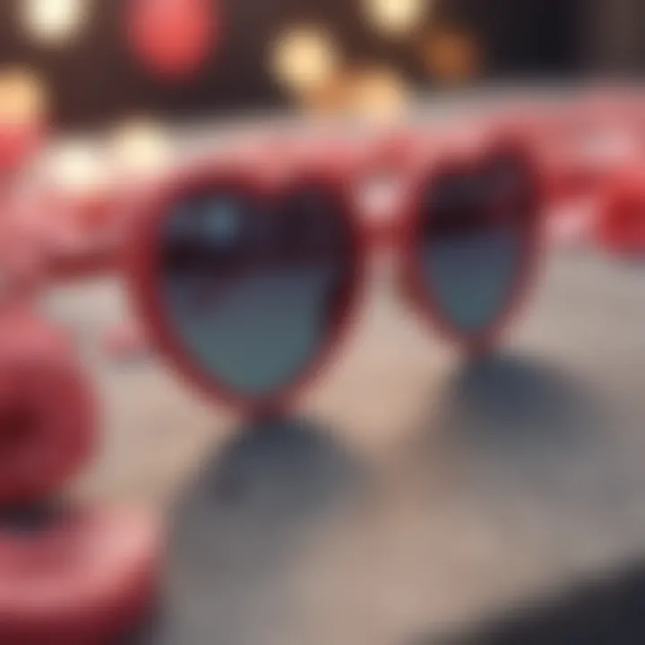 Stylish heart sunglasses displayed against a backdrop of bachelorette decorations