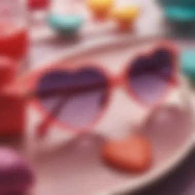 Close-up of colorful heart sunglasses on a festive table setting