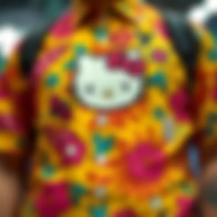 Close-up of vibrant Hello Kitty shirt design featuring unique patterns
