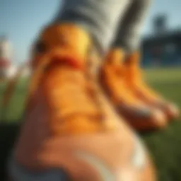 Close-up of high-top turf soccer shoes showcasing intricate design and materials