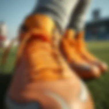 Intricate Design of High-Top Turf Soccer Shoes Close-up of high-top turf soccer shoes showcasing intricate design and materials