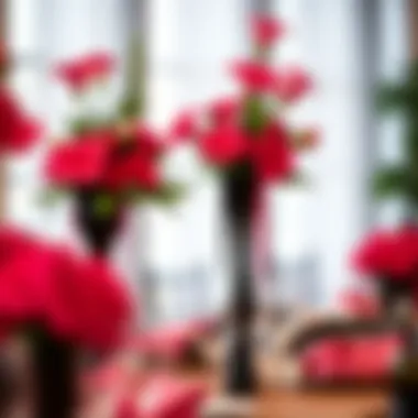 Stylish centerpieces featuring hot pink flowers and black vases