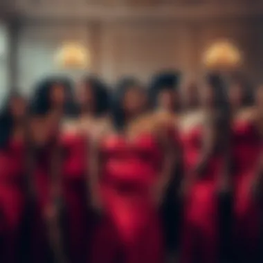 Group of diverse individuals wearing red satin dresses