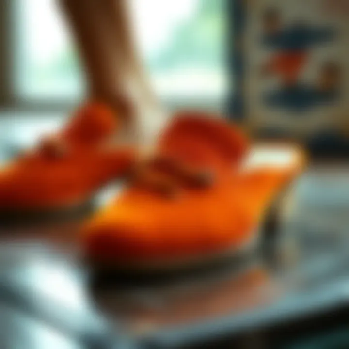 Materials Used in Orange Mules Shoes Close-up of materials used in orange mules construction