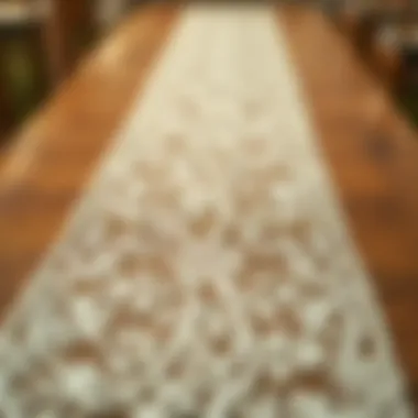 Detail of intricate lace patterns on a burlap aisle runner
