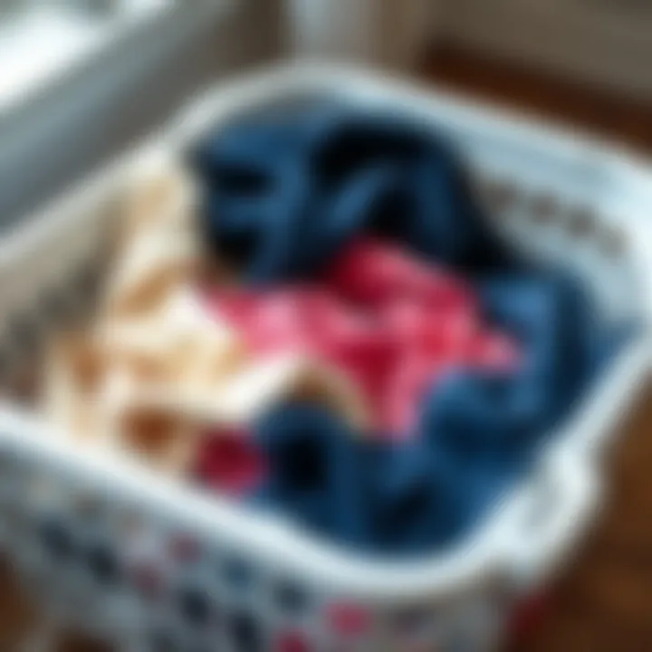 Close-up of a laundry basket filled with garments soaking in a solution, highlighting the fabric care process.