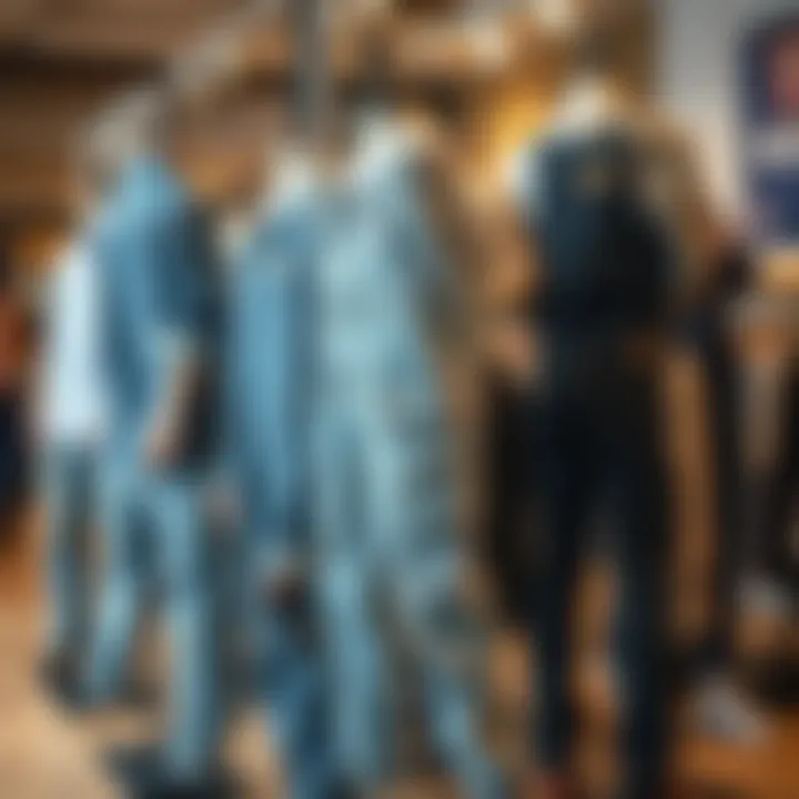 Various fits of denim cargo jeans displayed on mannequins