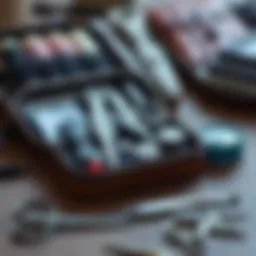 A compact mini travel sewing kit neatly arranged with various tools