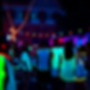 An outdoor party scene with attendees wearing glow in the dark outfits, creating an enchanting atmosphere