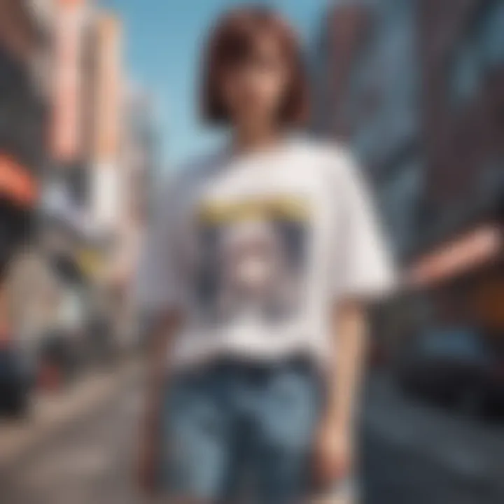 Stylish individual sporting an oversized anime tee in an urban environment