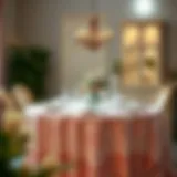 A beautifully set dining table adorned with a pastel tablecloth, exuding elegance and charm.