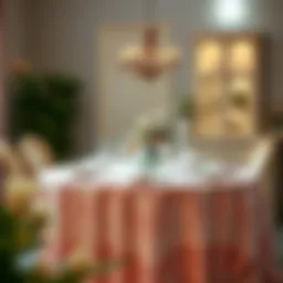 A beautifully set dining table adorned with a pastel tablecloth, exuding elegance and charm.