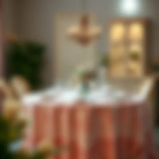 Elegant Dining with Pastel Tablecloth A beautifully set dining table adorned with a pastel tablecloth, exuding elegance and charm.