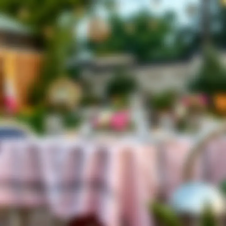 Outdoor Setting with Pastel Tablecloth A serene outdoor setting with a pastel tablecloth, surrounded by flowers and natural decor.