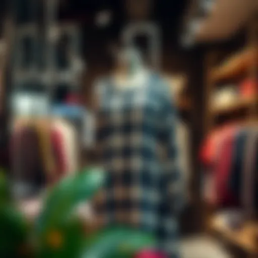 A stylish plaid jumper dress displayed on a mannequin in a boutique setting