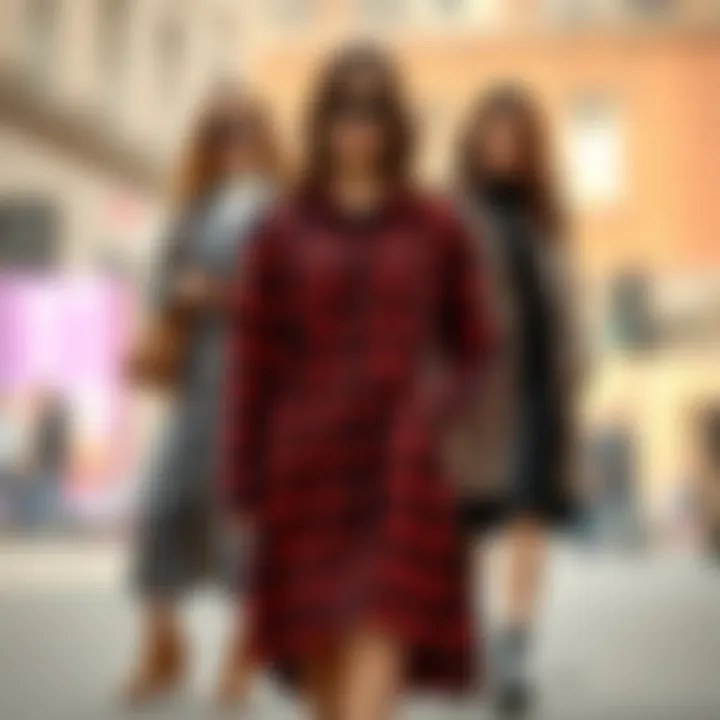 A collage of contemporary outfits featuring the plaid jumper dress styled in various ways