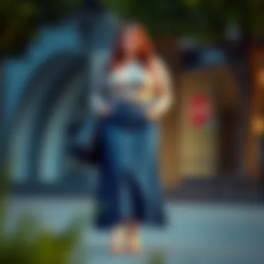 A plus size long denim skirt styled with a chic top