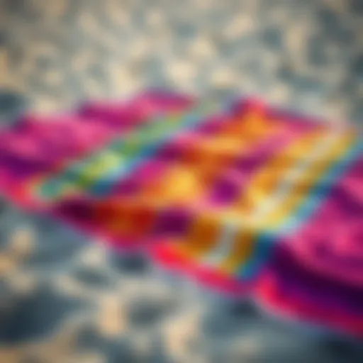Colorful portable beach blanket spread on sand