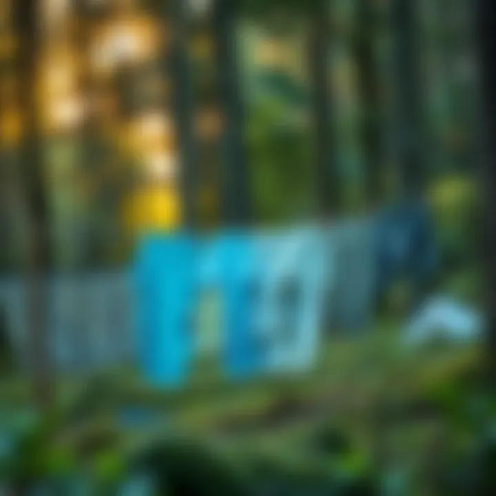 Portable clothes line set up in a forest for drying clothes