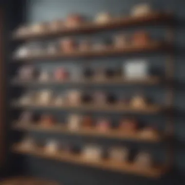 Elegant wooden shelving unit displaying various purses