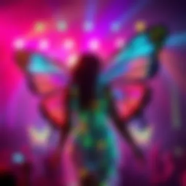An ethereal scene of a performer wearing butterfly wings under colorful festival lights