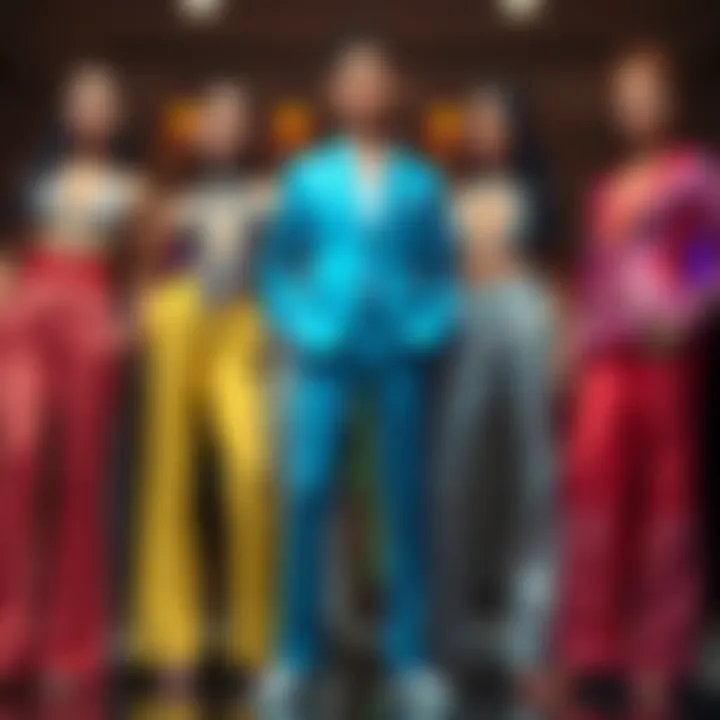 An array of rhinestone pants suits in different styles and colors