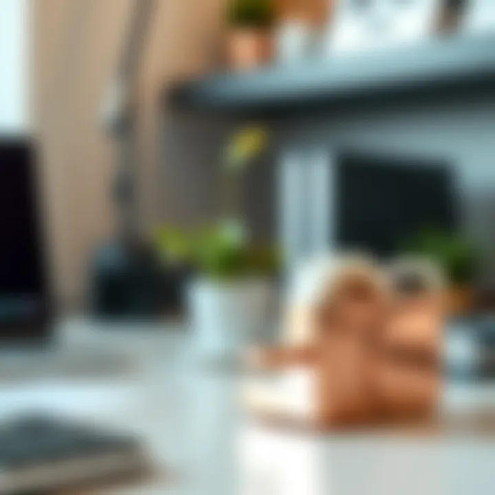 Stylish Rose Gold Tape Dispenser in a Contemporary Workspace Elegant rose gold tape dispenser on a modern desk