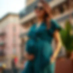 Stylish short sleeve maternity jumpsuit on a model