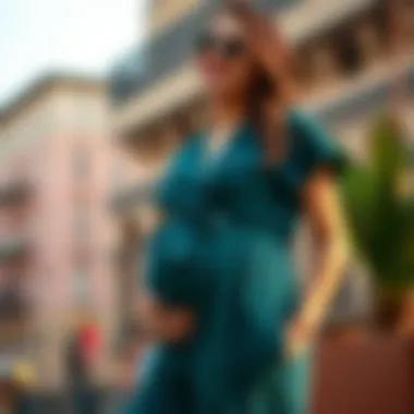 Stylish short sleeve maternity jumpsuit on a model