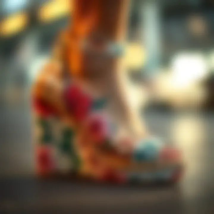 Close-up of the intricate floral design on a wedge sandal