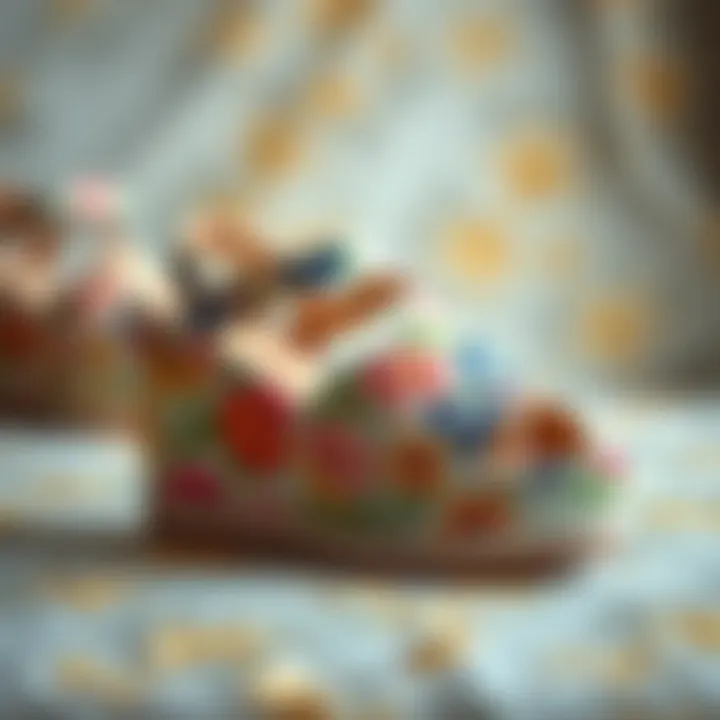 Different materials used in floral print wedge sandals