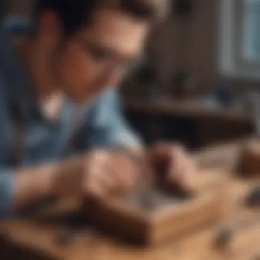 Artisan meticulously crafting a square wooden watch