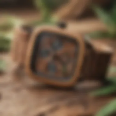 A close-up of a square wooden watch against a natural backdrop