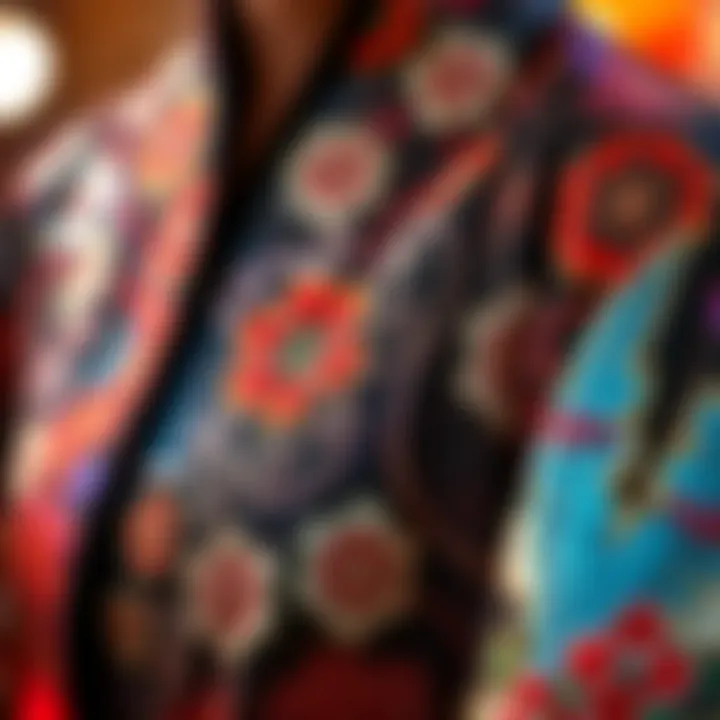 Intricate Details of a Glitter Kimono A stunning close-up of a glitter kimono showcasing intricate embroidery and shimmering fabric.