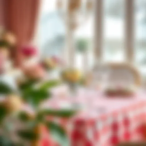 A beautifully set dining table adorned with a pink buffalo check tablecloth, showcasing elegant tableware and floral arrangements.