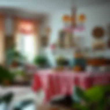 A stylish living space decorated with various home accessories, prominently featuring a pink buffalo check tablecloth.