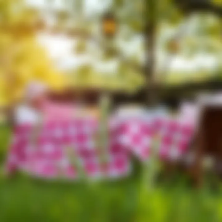 A cozy outdoor picnic scene featuring a pink buffalo check tablecloth, surrounded by nature.