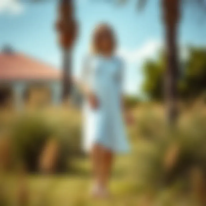 Model showcasing white preppy dress in an outdoor setting