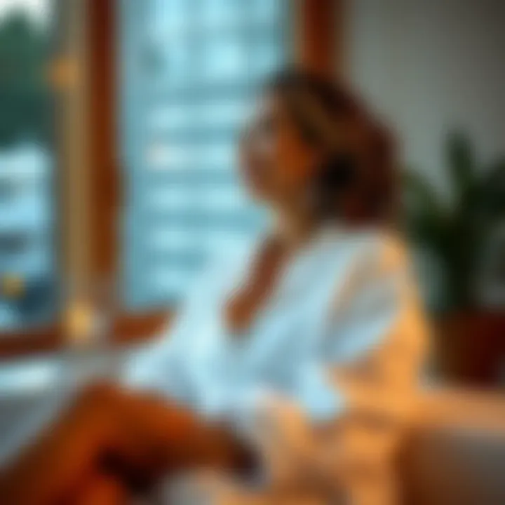 Woman enjoying a moment of relaxation in a white bathrobe