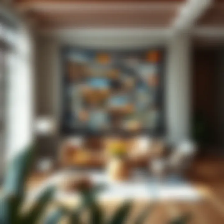 A modern living room featuring a photo collage tapestry as a focal point