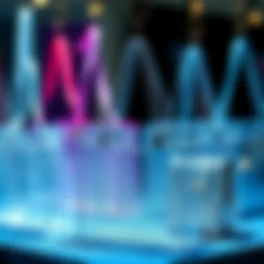 Various design variations of clear glitter tote bags on display